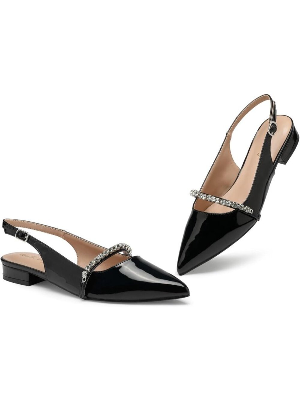 Women's Slingback Flats with Rhinestone Pointed Toe Flats Black Pu Dressy Shoes - Picture 4 of 6